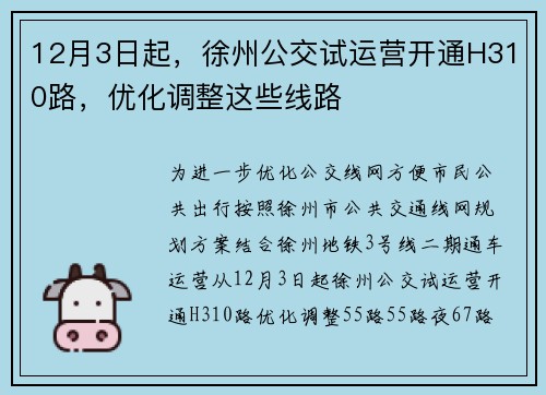 12月3日起，徐州公交试运营开通H310路，优化调整这些线路