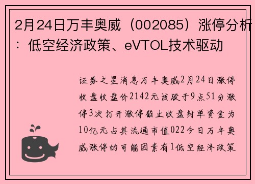 2月24日万丰奥威（002085）涨停分析：低空经济政策、eVTOL技术驱动