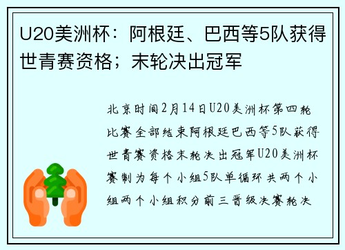 U20美洲杯：阿根廷、巴西等5队获得世青赛资格；末轮决出冠军