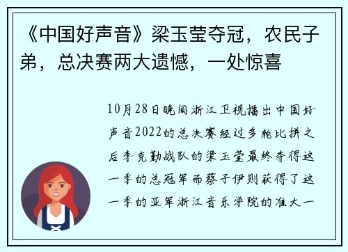 《中国好声音》梁玉莹夺冠，农民子弟，总决赛两大遗憾，一处惊喜