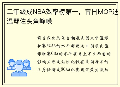 二年级成NBA效率榜第一，昔日MOP迪温琴佐头角峥嵘