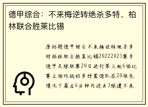 德甲综合：不来梅逆转绝杀多特、柏林联合胜莱比锡