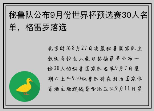 秘鲁队公布9月份世界杯预选赛30人名单，格雷罗落选